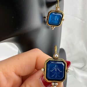 Vintage blue Gem Drop Earrings – Gold Pearl Accent Dangles